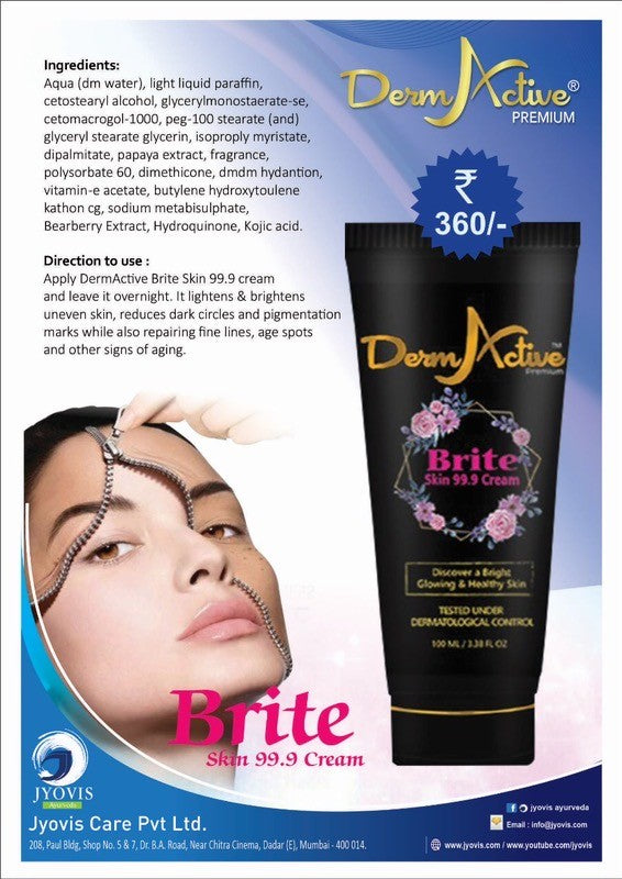 Brite 99.9 Cream | Lightens & Brightens Skin | Reduces Tan | Lightens Skin